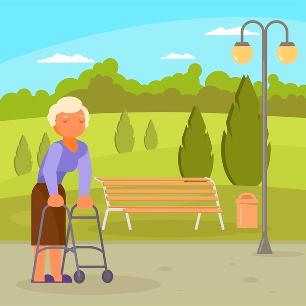 Vector disabled senior woman with walking frame