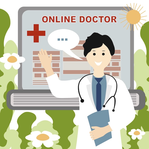 Vector Doctor online concept Doctor in a robe waving his hand and wants to help consults on the laptop