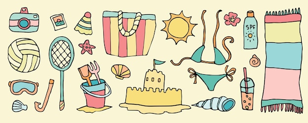 Vector doodle beach vacation set cute sea party activity icons kawaii sand castle tropical holiday