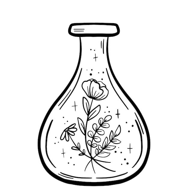 Vector doodle bottle of magic potion witchcraft glass bottle alchemy elixir in glass flask hand draw