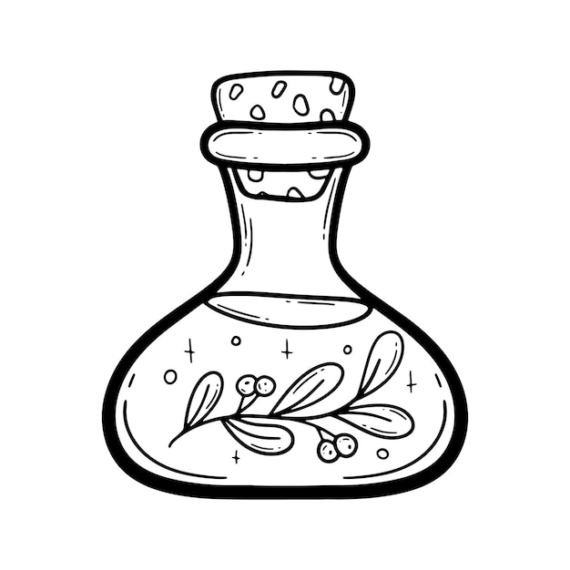 Vector doodle bottle of magic potion Witchcraft glass bottle Alchemy elixir in glass flask Hand drawn illustration of witch poison with leaves berries