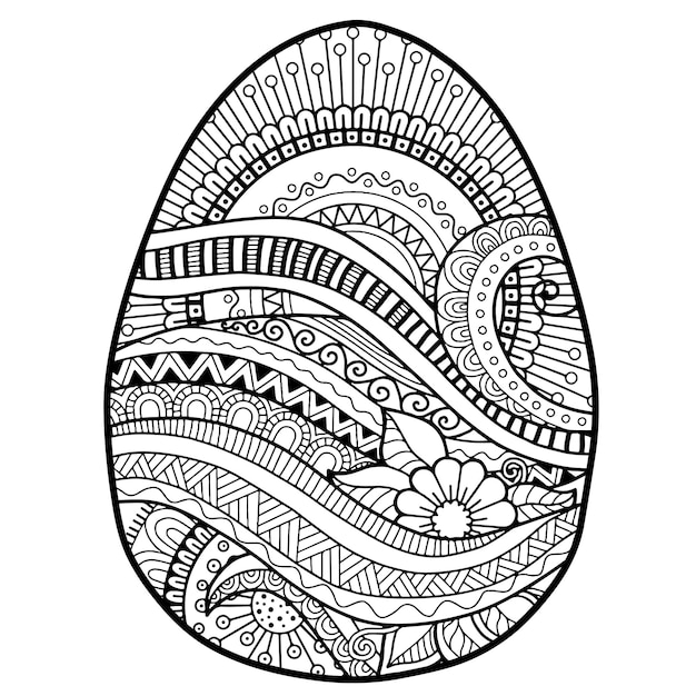 Vector doodle coloring book page or adult. Easter egg in mandala style. Detailed black contour flowers pattern on white background