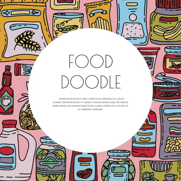 Vector doodle grocery store banner hand drawn scetch icons food and drink natural canned bakery and