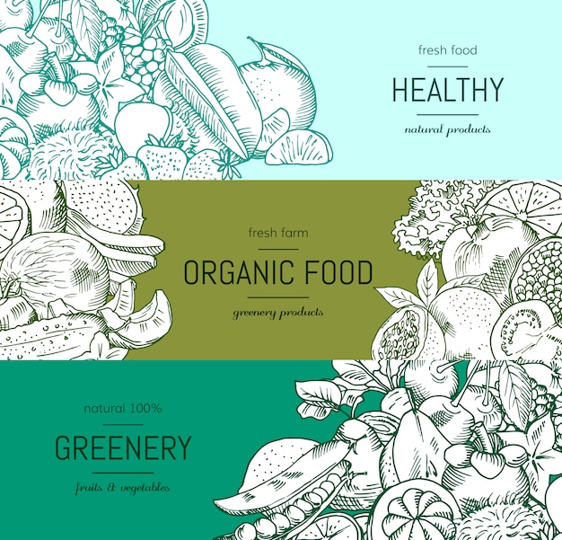 Vector doodle handdrawn vegetables and fruits vegan, healthy food banner set