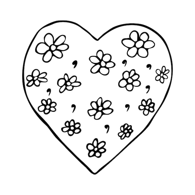 Vector doodle heart with daisy field Isolated linear heart shape with flowers on white