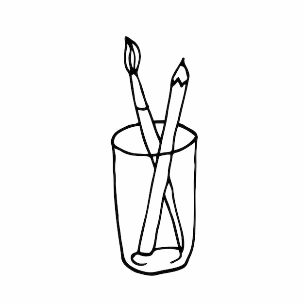 Vector Doodle image of a glass with brush and pencil. Hand-drawn image for various designs.