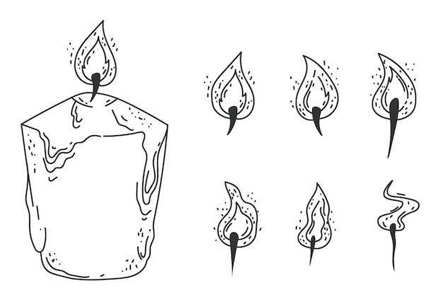 Vector doodle line art style candle with different flame shapes isolated set doodle line