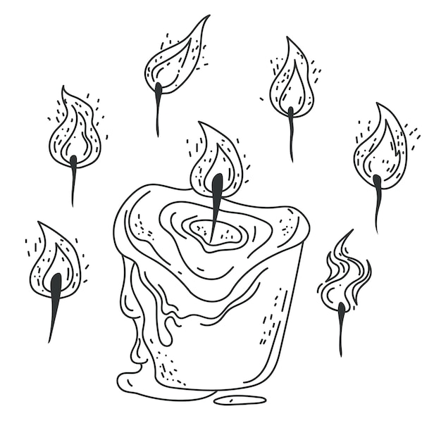 Vector doodle line art style candle with different flame shapes isolated set doodle line