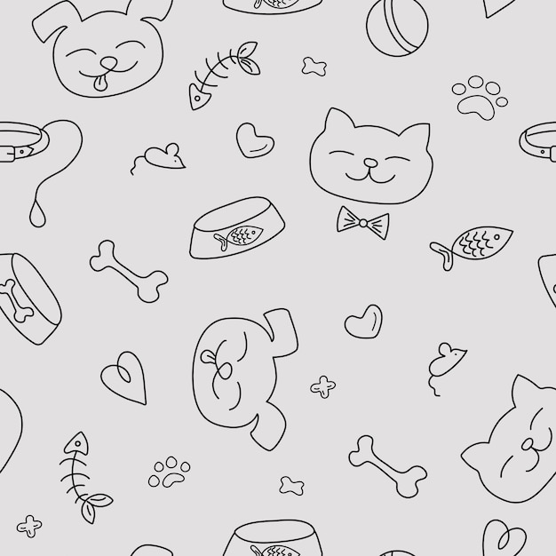 Vector doodle pattern of drawings dogs cats pet food and toys Vector graphics