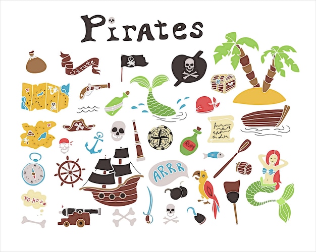 Vector doodle pirate set a map with a handdrawn sketch of a mermaid ship and pirate items template f...