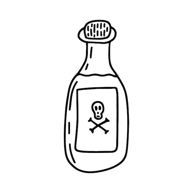 Vector doodle poisonous potion in a glass bottle with skull Hand drawn magic glass pottle with potion isolated