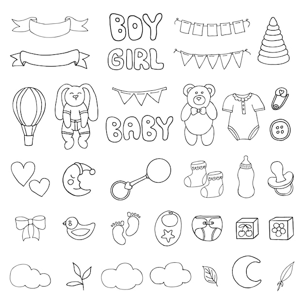 Vector doodle set with children's toys flags pacifiers