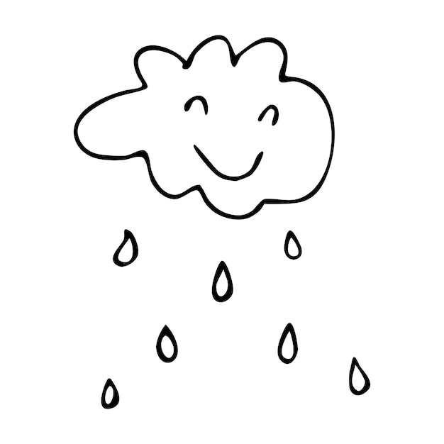 Vector doodle smiling cloud with drops of rain Isolated simple picture on white background