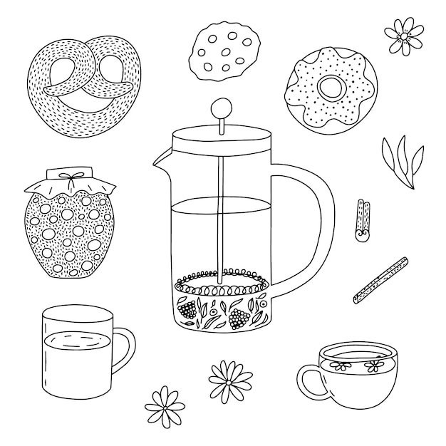 Vector doodle tea ceremony set Hand drawn tea elements french press pretzel cup donut and cooking