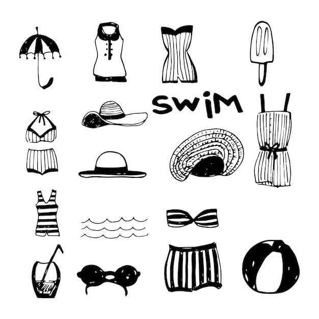 Vector doodles retro vintage swimming and costumes