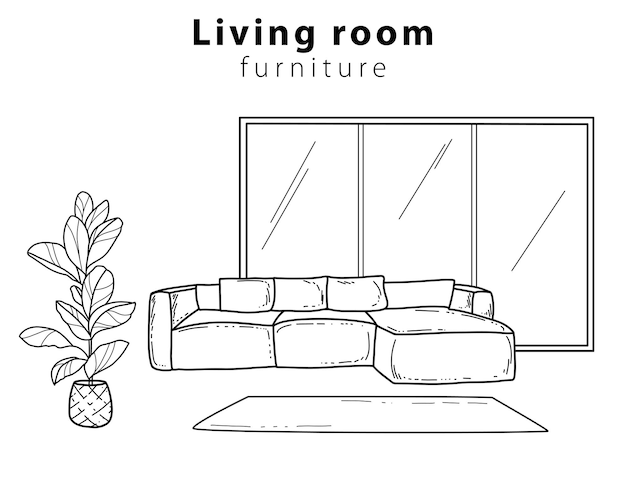 Vector doodles with hand-drawn interior items. Cozy living room with sofa, wardrobe, painting