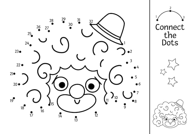 Vector dottodot and color activity with cute clown face Circus connect the dots game for children with funny artist Amusement show coloring page for kids Printable worksheetxA