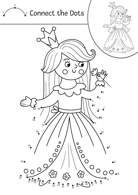 Vector dottodot and color activity with cute princess and flower Magic kingdom connect the dots game for children with girl Fairy tale coloring page for kids Fantasy printable worksheetxA