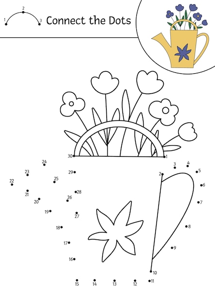 Vector dottodot and color activity with cute watering can and flowers Spring or summer connect the dots game for children Easter coloring page for kids Garden themed printable worksheetxA