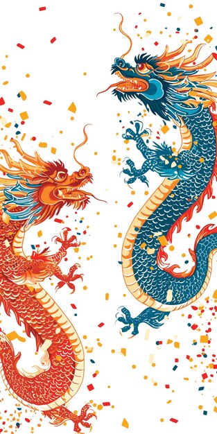 Vector vector double chinese dragon with confetti white background