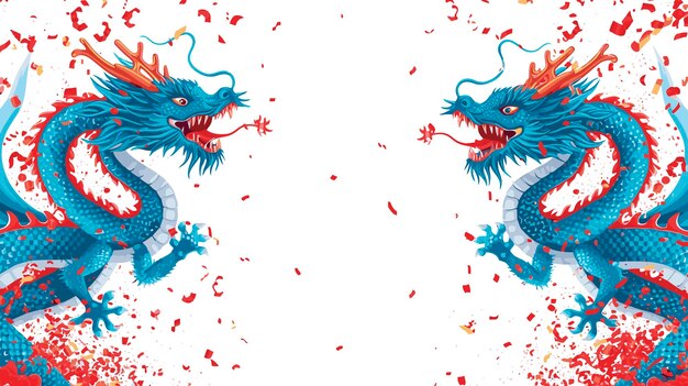 Vector vector double chinese dragon with confetti white background