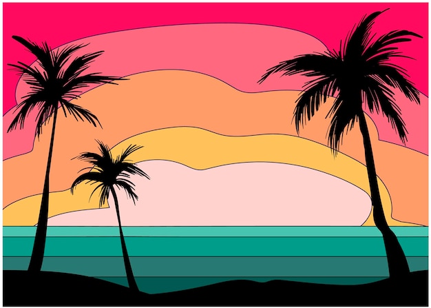 vector drawing of a beautiful tropical landscape, a beautiful sunrise, a beautiful sunset on the sea