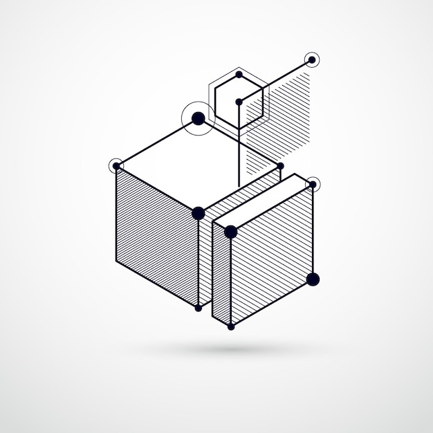 Vector drawing of black and white industrial system created with lines and 3D cubes. Modern geometric composition can be used as template and layout.