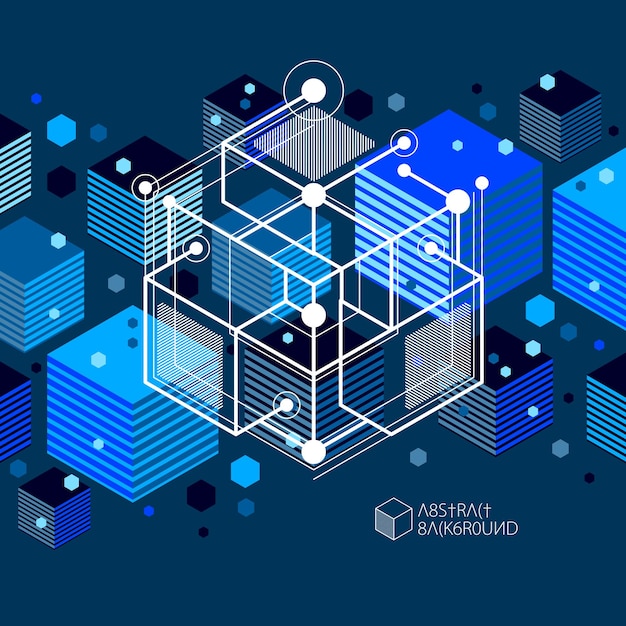 Vector drawing of blue black industrial system created with lines and 3D cubes. Modern geometric composition can be used as template and layout.