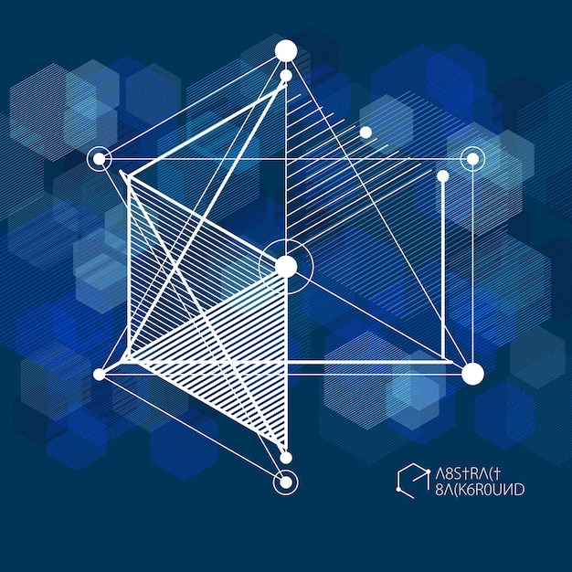 Vector vector drawing of blue black industrial system created with lines and 3d cubes. modern geometric composition can be used as template and layout.