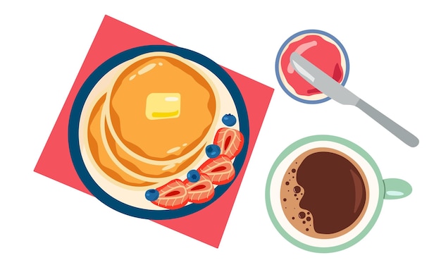 vector drawing breakfast cup of coffeee and pancakes with berries butter and gem hand drawn illustration flat isolate on white for food design Engoy the morning