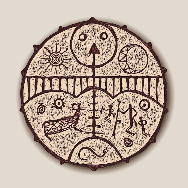 Vector drawing improvisation on the theme of shamanic tambourine the culture of the peoples of Siberia