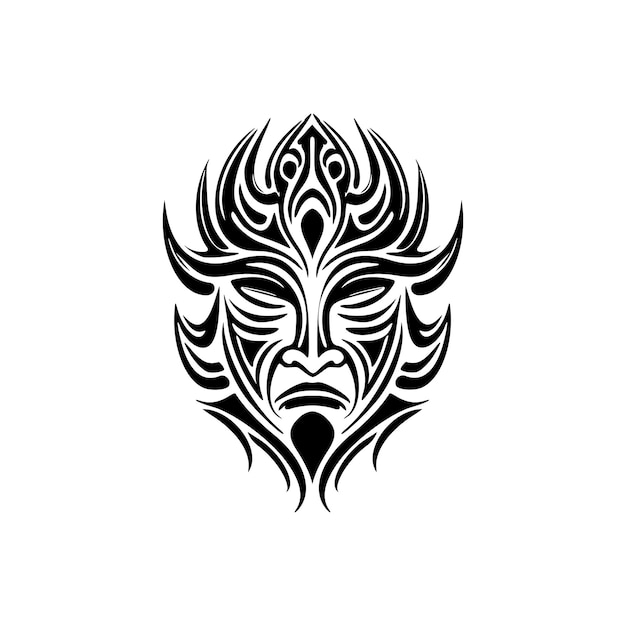 A vector drawing of a Polynesian mask tattoo in black and white