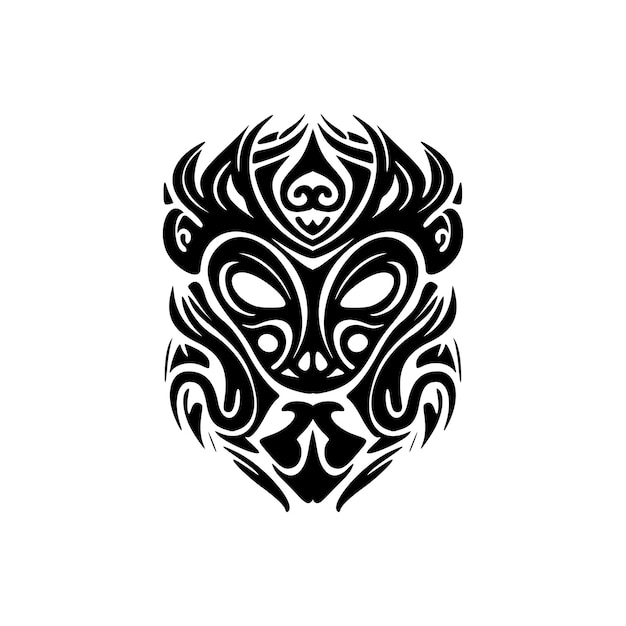 Vector drawing of a Polynesian mask tattoo in black and white