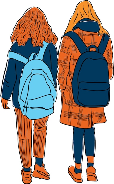 Vector drawing of students girls walking down street