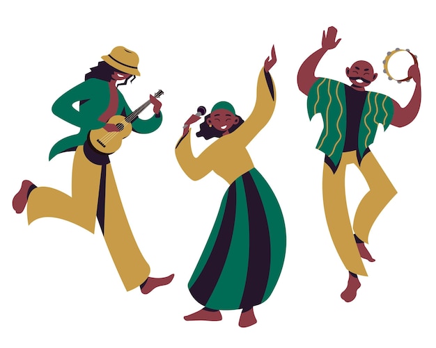 Vector drawing three musicians dancing, sing and playing the guitar and tambourine