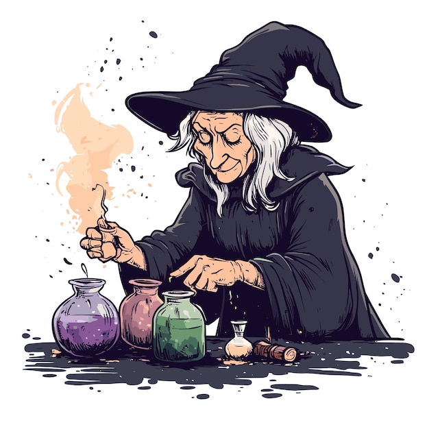 Vector vector drawing of a witch woman brewing a potion on a white background generative ai