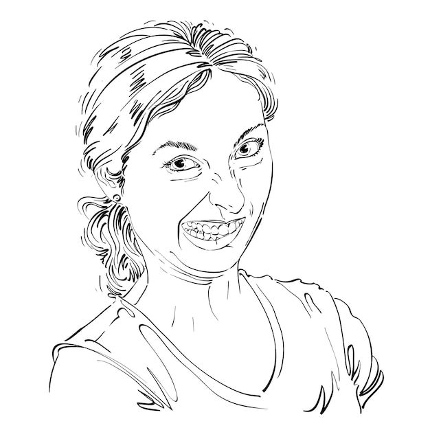 Vector drawing of woman making a funny grimace. Black and white portrait of girl making a silly face.