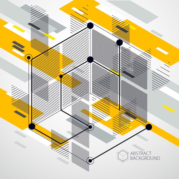 Vector drawing of yellow industrial system created with lines and 3D cubes. Modern geometric composition can be used as template and layout.