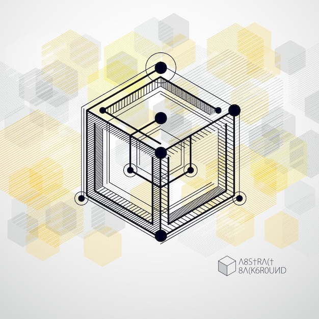 Vector drawing of yellow industrial system created with lines and 3D cubes. Modern geometric composition can be used as template and layout.