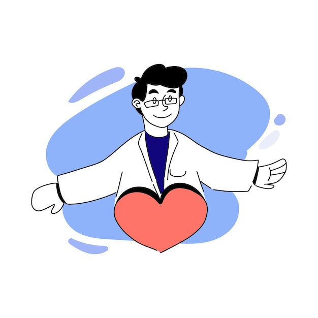 Vector drawn illustration of cardiologist Doctor with heart wear glasses treat patient cardiology prescription treatment hospital first aid Healthcare concept Blue and pink pastel colors