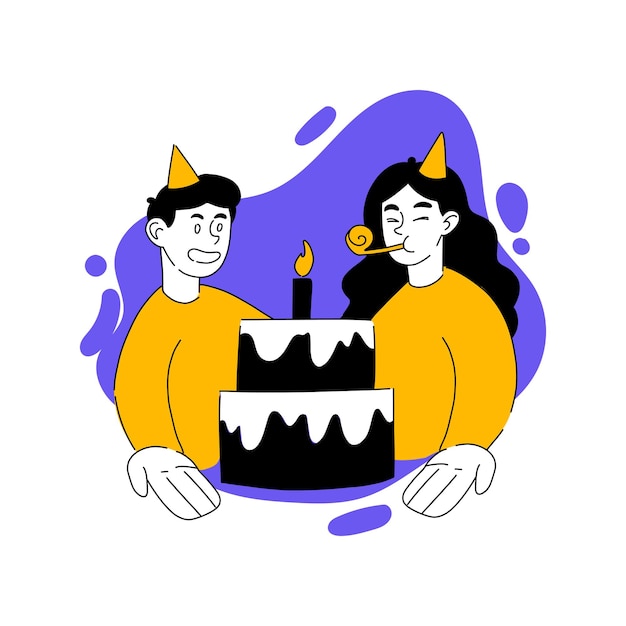 Vector drawn illustration of man and woman with cake Lit candle birthday party celebrate party hat anniversary holiday occasion dessert gift Celebration concept Flat drawing style EPS10