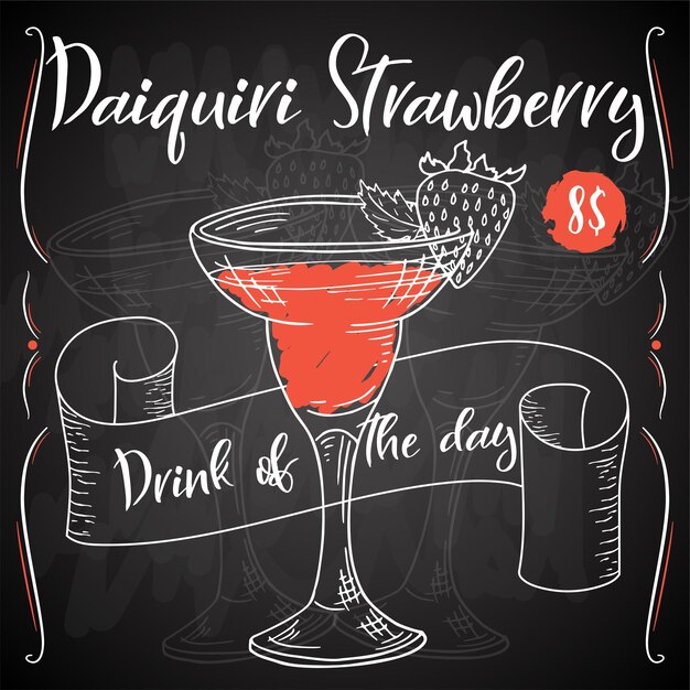 Vector dring poster. Cocktail Daiquiri Strawberry for restaurant and cafe. Hand drawn illustration.