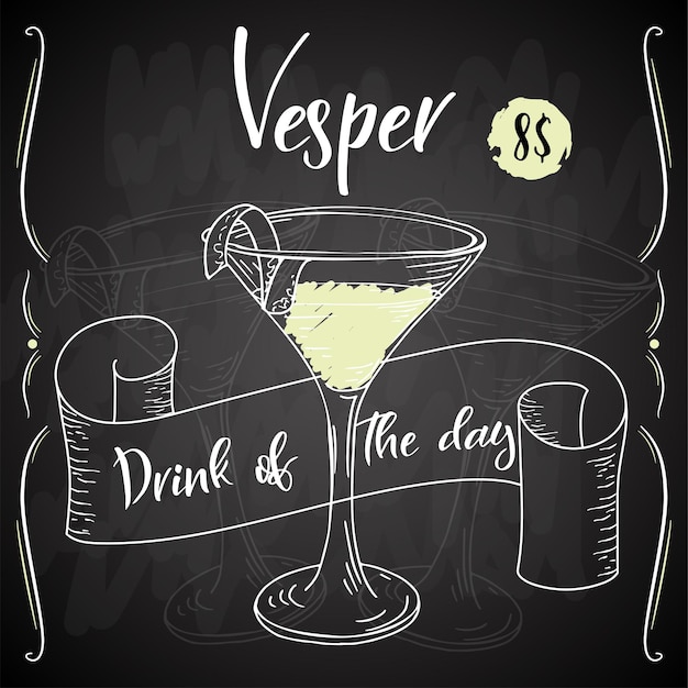 Vector dring poster. Cocktail Vesper for restaurant and cafe. Hand drawn illustration.