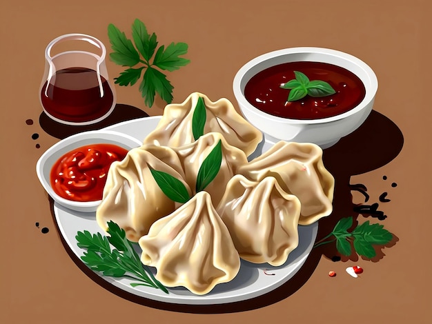 Vector vector dumplings on a plate with sauce herbs food from dough with meat flat isolated