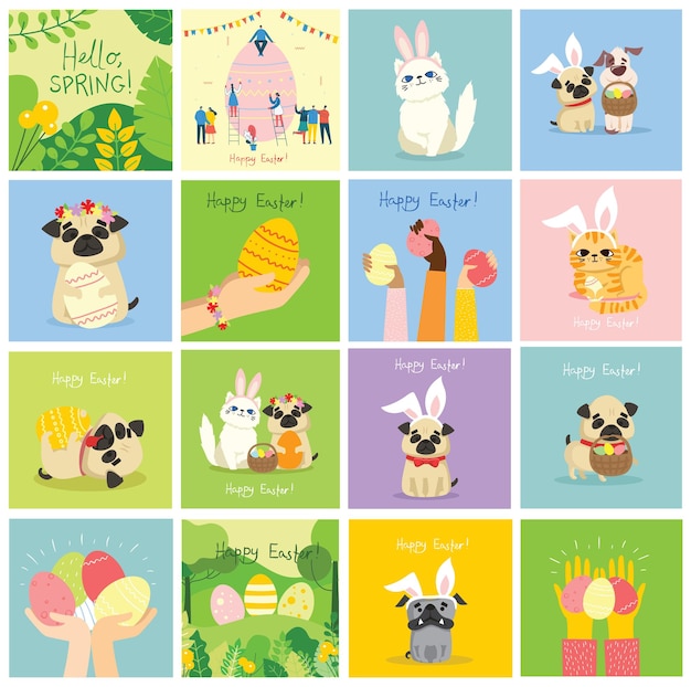 Vector Easter cards with animals holding the eggs and hand drawn text - Happy Easter in the flat style