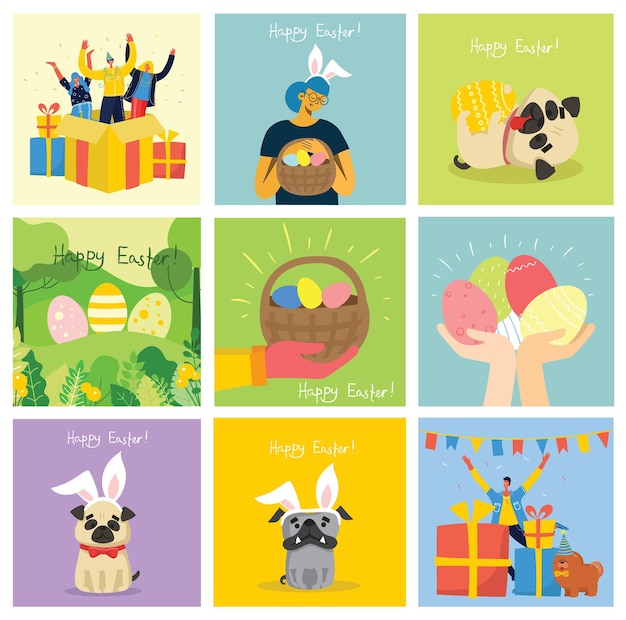 Vector Easter cards with animals holding the eggs and hand drawn text