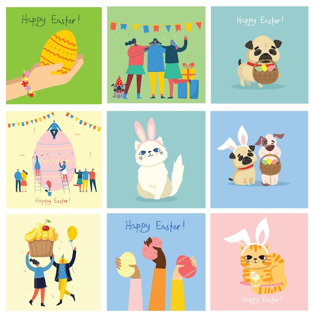 Vector Easter cards with animals holding the eggs and hand drawn text