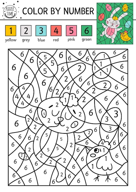 Vector Easter color by number activity with bunny bird eggs Spring holiday coloring and counting game with cute animals Funny coloration page for kids with traditional symbols xA