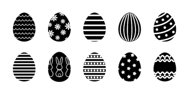 Vector Easter eggs glyph collection Set of black rubber stapms with decorated eggs