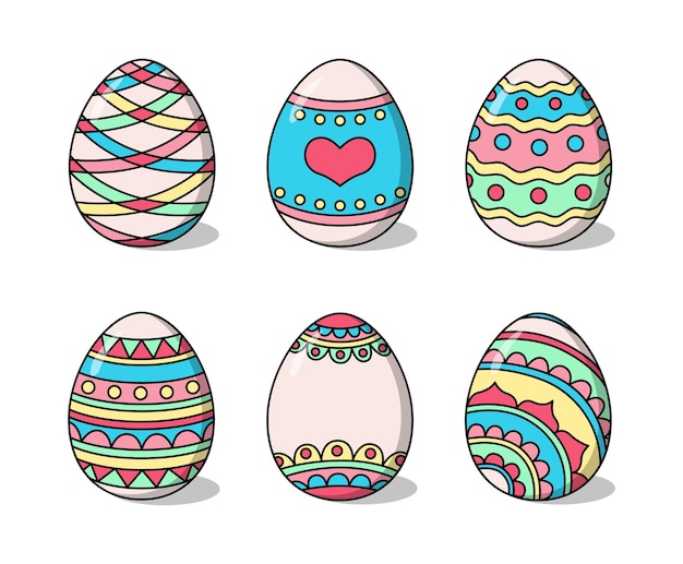 Vector Easter eggs set Isolated colored eggs in cartoon style with shadows and highlights